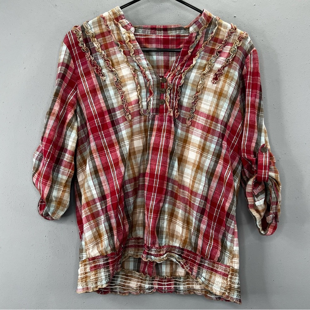 Plaid Women's Top Twee Colorful 3/4 Sleeve 100% Cotton
